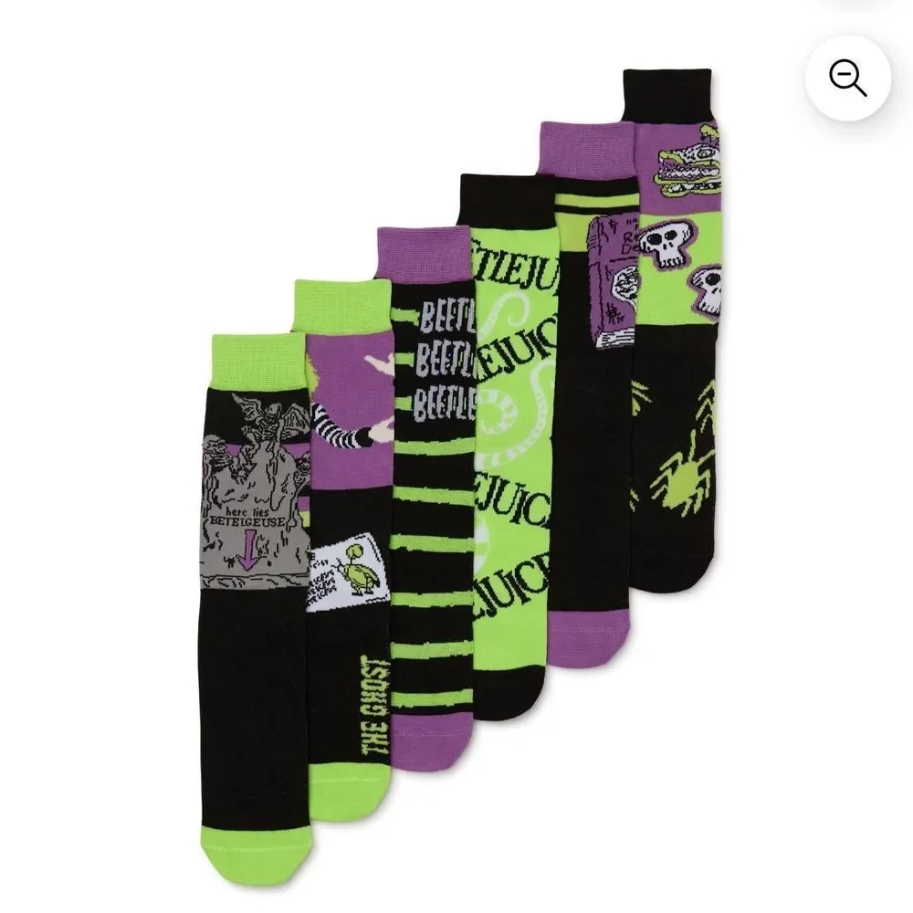 Beetlejuice 6 Pair Pack Casual Crew Socks Bioworld Warner Bros New